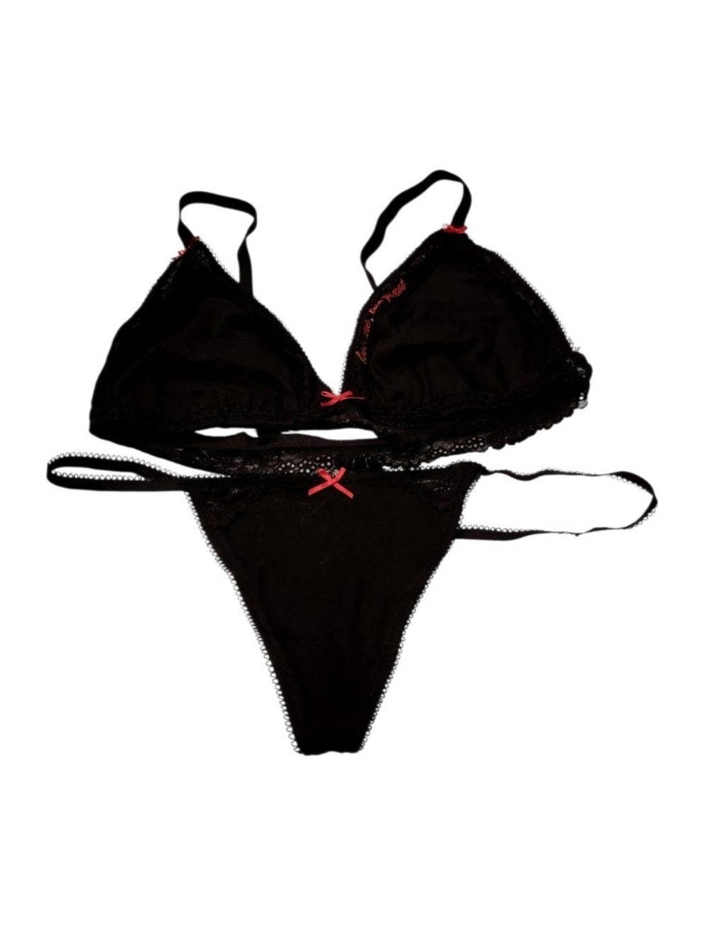 NWOT VS PINK Black Lace-Trim Bralette & Thong Set Large